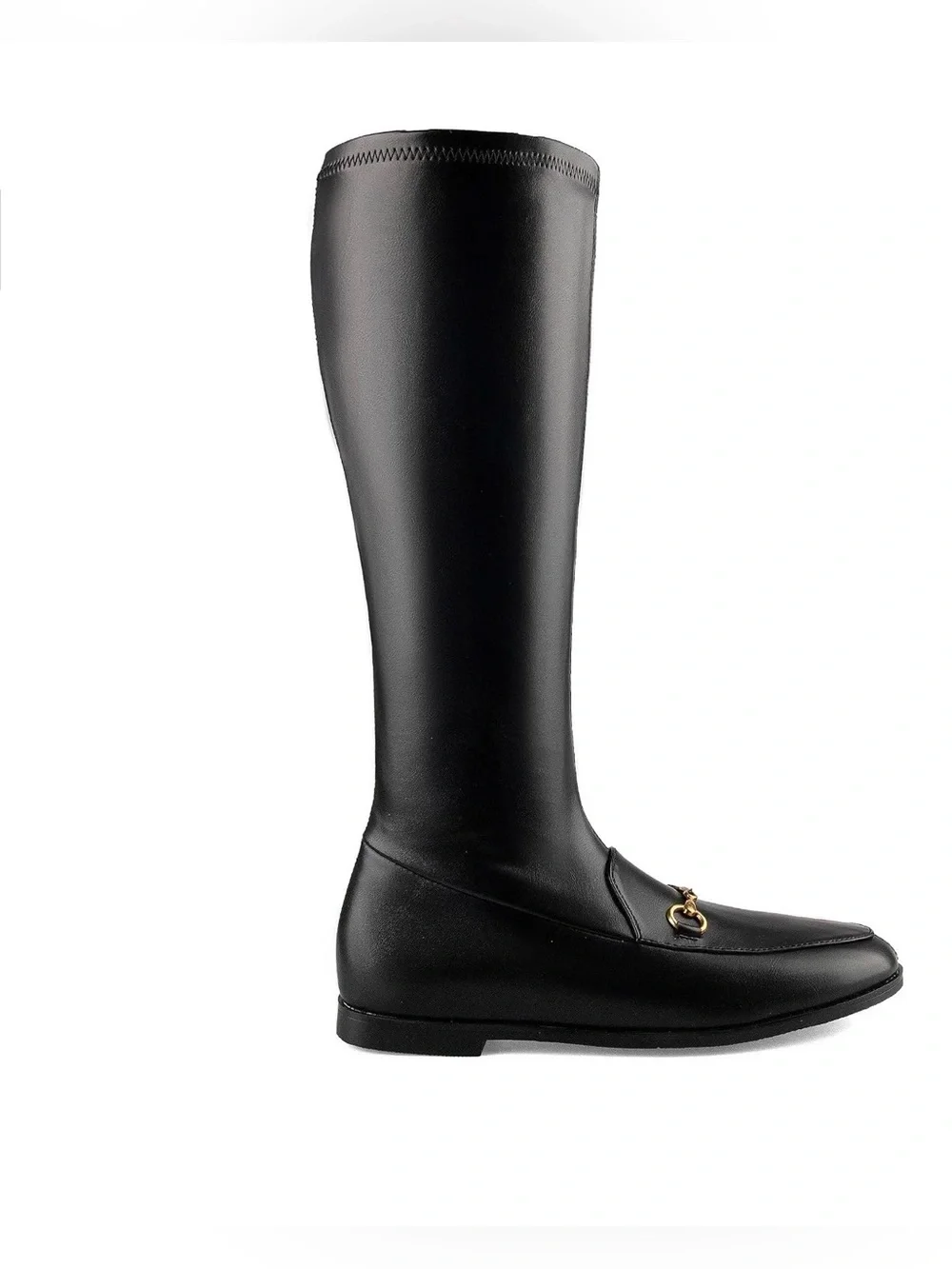 Knee High Boots for Women Almond Toe Buckle Boots Faux Leather Elastic Boot Side